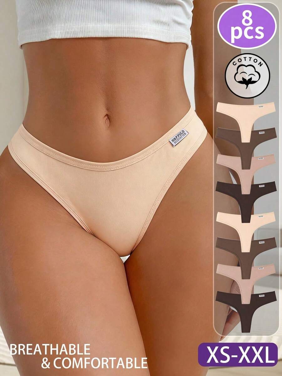 AOKVOGIRL 8 piezas/paquete Bragas tipo tanga de algodón negro para mujer, ropa interior sexy simple de cintura baja con espalda en T triangular - Multicolor - Ver 1