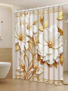 1/3/4pcs Gold Floral Print Shower Curtain Set, Minimalist Pattern, Washable Polyester Fabric, Waterproof Durable Bathroom Accessories, Includes 12 Hooks - Includes Toilet Lid Cover, Bath Mat And Rug, Home/Bedroom/Living Room/Home Decor/Summer - A - View 5