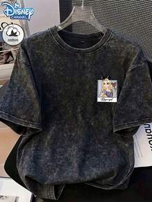 Start Cotton Summer Women's "Disney Princess" Pattern Printed Street Outing Commuting Y2K Style Black Round Neck Short Sleeve Washed T-Shirt Top - Black - View 2