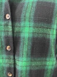 Women Green Black Plaid Flannel Shirt, Collared Long Sleeve Button Down Brushed Fabric Casual Check Blouse Fall - Green - View 5