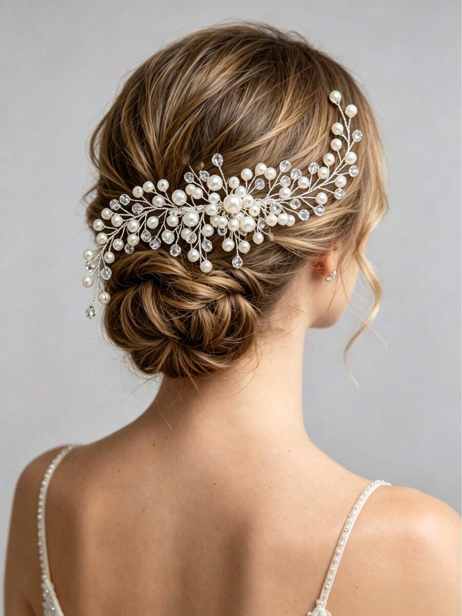 1pc Minimalist Fashion Faux Pearl & Crystal Decorated Hair Comb, Suitable For Weddings, Daily Gatherings And Other Elegant Hair Accessory Occasions - Silver - View 1