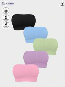 5pcs Plus Size Seamless Bandeau Bras, Wire-Free Breathable Non-Slip Bandeau Style Bra, Suitable For Yoga, Daily Layering, 1XL-5XL - Multicolor - View 3