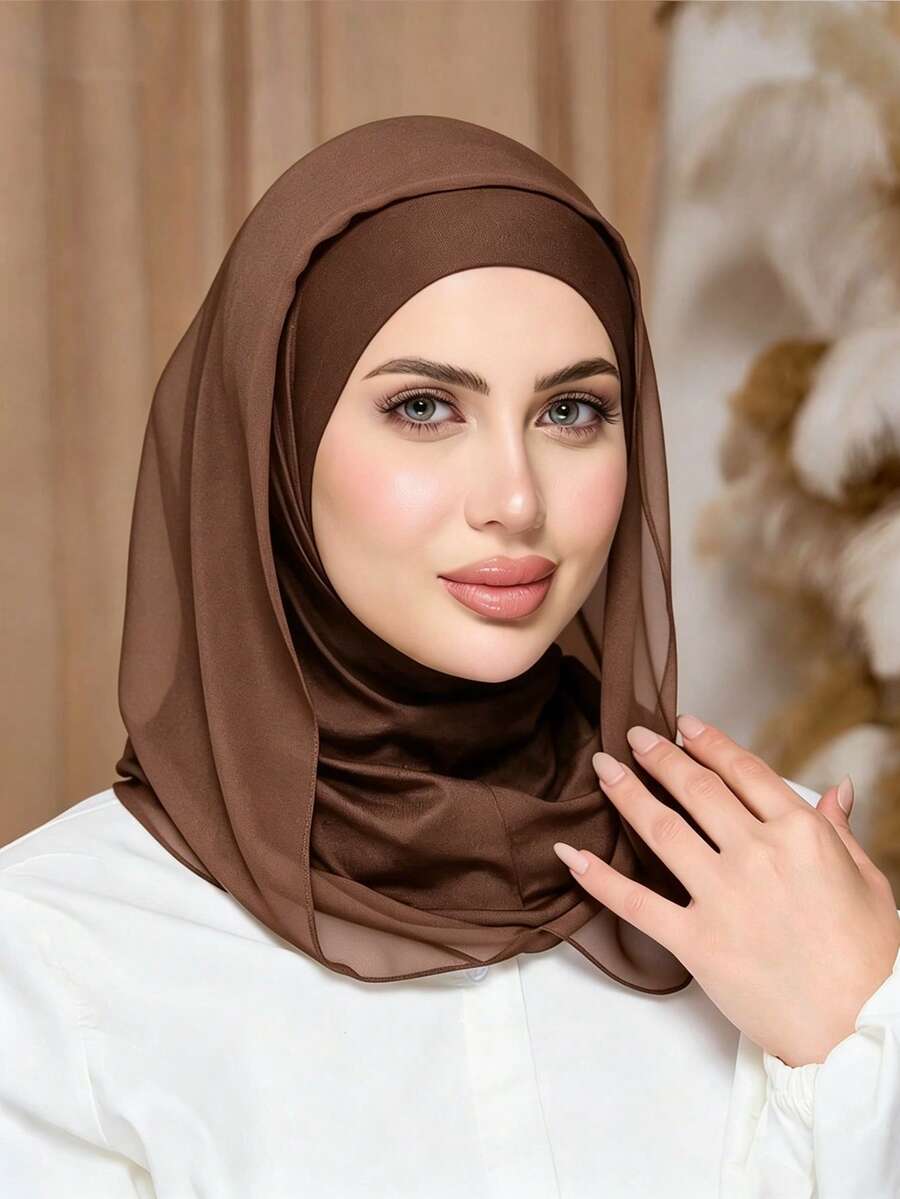 1pc Women's Solid Color Balaclava Chiffon Base Layer Headscarf Neck Warmer Elastic Cap Hijab Caps Turban Breathable Comfortable Elastic Wide Brim Sweat-Absorbing Non-Slip Multi-Functional Sports Headwrap Cap Inner Lining Scarf, Minimalist Fashion Scarf, Hood And Matching Chiffon Headscarf, 2-In-1, Wear It And Easily Get Ready, Instantly Fashionable For Going Out