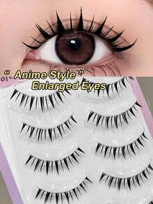 Asiteo 5 Pairs Cartoon Style Pointed False Eyelashes, Full Strip Style Lashes, Dense Transparent Band Invisible False Eyelashes - Black - View 2