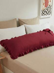 1pc Burgundy Ruffled With Ties Solid Color Long Pillowcase (Without Insert), Comfortable And Breathable Polyester Fiber Suitable For All Seasons, Applied To Bedroom Scenes, Home Decoration, Versatile Daily Fresh And Cute - Burgundy - View 3