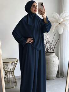 柔軟布料 Khimar 長袍套裝，寬鬆大尺碼長袖保守全身長洋裝，適合中東女性日常街頭穿著 - 彩色 - 查看 12