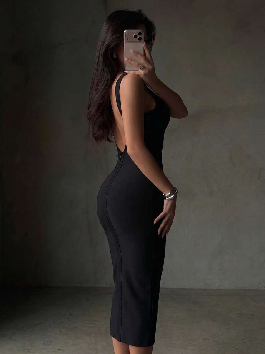女款時尚春夏性感優雅黑色中長版細肩帶露背貼身繃帶洋裝 派對雞尾酒晚禮服 - 黑色 - 查看 1