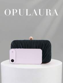 OpulAura 復古優雅緞面晚宴手拿包，百褶設計時尚正式派對包，迷人精緻正式晚宴包，高級方盒手拿包，適合派對/婚禮/正式場合晚餐，附鏈條可肩背/斜背 - 黑色 - 查看 4