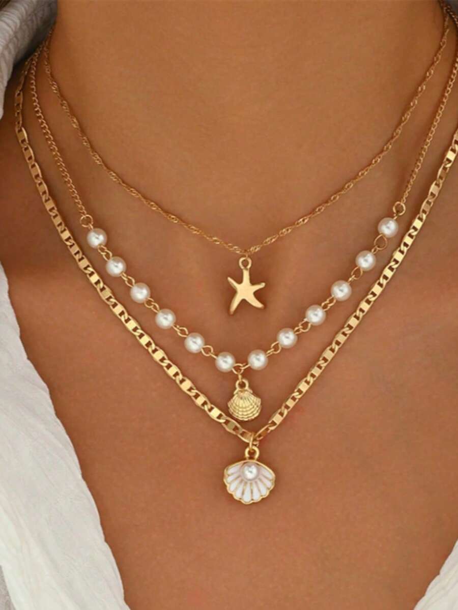 3 PiecesEuropean And American Minimalist Starfish Shell Pendant Vacation Style Pearl Collarbone Chain Necklace Set - Seashell Starfish - View 1