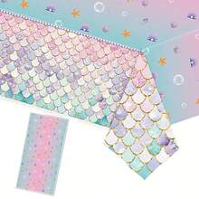 1pc Underwater World Pink Fish Scale Princess Party Tablecloth, Wedding Decoration, Summer Decoration, Outdoor Garden Decoration, Outdoor Decoration, Paired With Shell Starfish Pink Blue Gradient Disposable Plastic Rectangular Tablecloth, Suitable For Birthday Party, Baby Shower Decoration Tablecloth - Multicolor - View 1