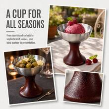 1pc 304 Stainless Steel Footed Ice Cream Cup With Wood Pedestal Base Multipurpose Dessert Bowl For Cafe Restaurant Home Use - Multicolor - View 5