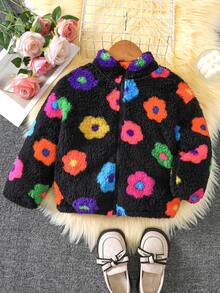 女童秋冬彩色花卉毛絨夾克，女童立領拉鍊保暖抓絨外套 - 黑色 - 查看 1
