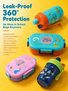 1 Set Bento Lunch Box With Water Bottle 3 Assorted Cartoon Patterns, Cute Dinosaur Astronaut Ocean Print Rectangular Transparent Window Leakproof Lock Clips Portable Handle Food Storage Container For Picnic Back To School Daily Use - Multicolor - View 2