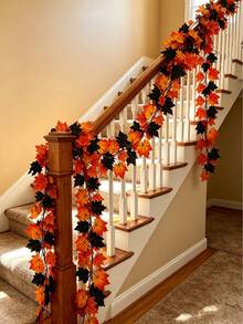 Artificial Black Maple Leaf Garland - Realistic Autumn Orange & Black - Heavy Duty Plastic Foliage Vine, Suitable For Thanksgiving, Halloween, Wedding Decor - No Electricity Required, Indoor/Outdoor Autumn Home, Garden, Party Decoration - Longest Maple Leaf Vine, Can Be Used As Magic Forest Decor, Halloween Decoration, Holiday Wreath Design, No Power Needed, Weather-Resistant Leaves, Home Decor - Multicolor - View 5