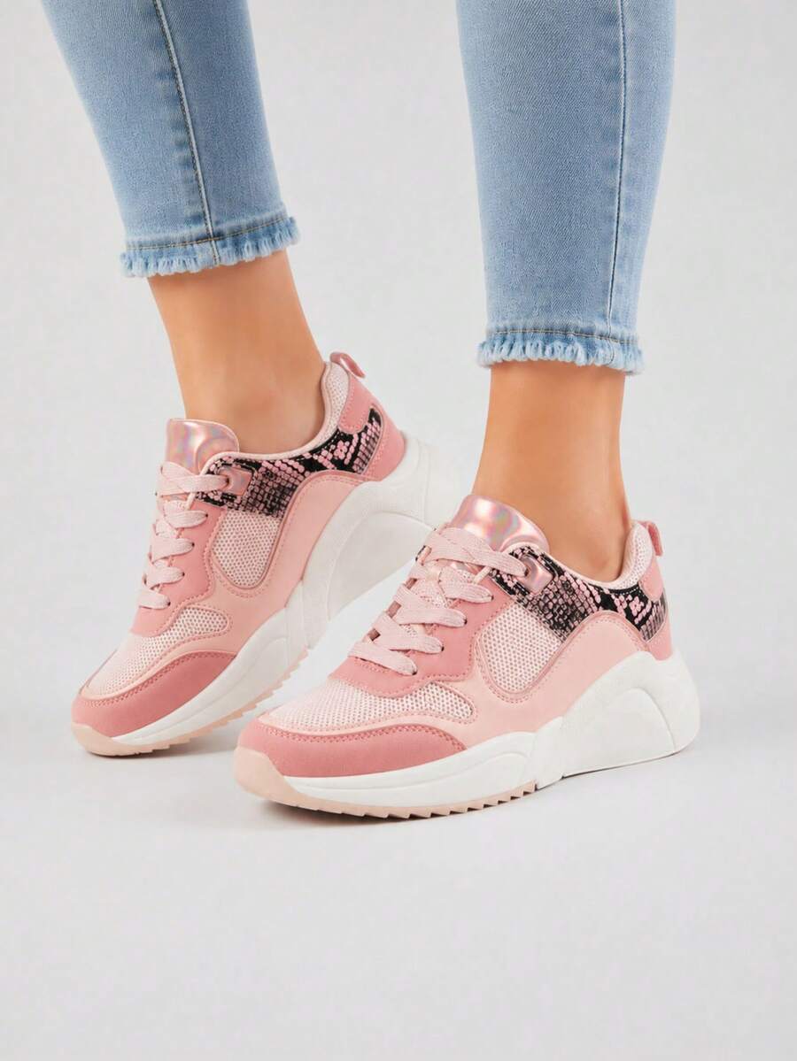 Sports Shoes, Lace-Up, Mesh + Imitation Leather, Snake Skin Imitations. - Pink - View 1