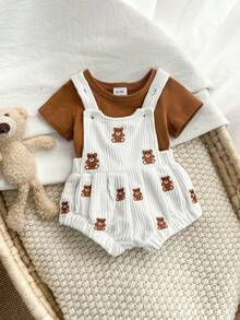 Set 2pcs Baju Bayi Baru Lahir Lengan Pendek & Celana Pendek Overall Bordir Beruang, Ukuran Sedang-Tipis untuk Bayi Merangkak di Musim Semi/Panas - Coffee Brown - View 2