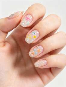 1pc Soft Pastel Floral Embossed Nail Stickers, Raised Hand Drawn Tiny Flower Wavy Frame Design Waterproof Self-Adhesive Nail Decal Stickers For Spring Vacation Nail Making - Colorful - View 2