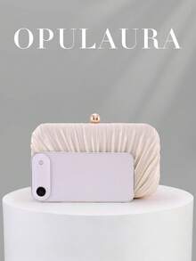 OpulAura 復古優雅緞面晚宴手拿包，百褶設計時尚晚禮服包，迷人精緻正式派對手提包，高端方盒小包，適合女性派對/婚禮/正式場合晚餐，附鏈條可肩背/斜跨 - 杏色 - 查看 5