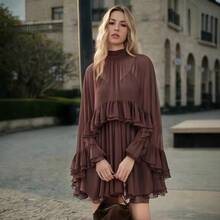 Elegant Chiffon Dress, New Spring-Summer Collection, Two-Piece Set With Fashionable Inner Strap - Dark Brown - View 1