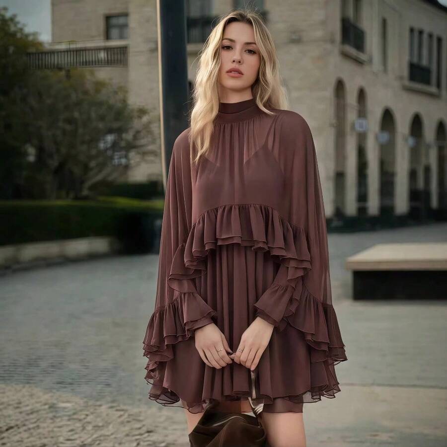 Elegant Chiffon Dress, New Spring-Summer Collection, Two-Piece Set With Fashionable Inner Strap - Dark Brown - View 1