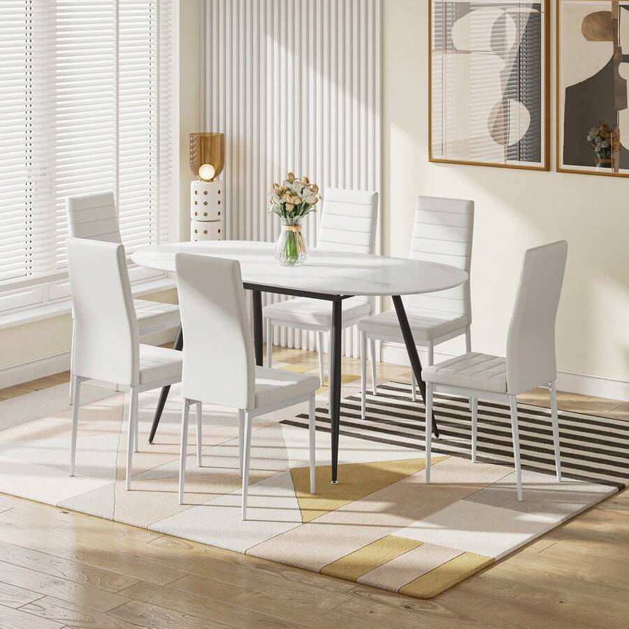 Dining Table And Chairs Set 6, Extendable Table With 6 Faux Leather Chairs For Dining Room, Kitchen, 6 Seater Room Set - White Marble Table + 6 White PU Chairs - 查看 1