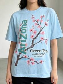 100% Cotton Women's T-Shirt - Men'S Tee Featuring Arizona Green Tea Design - 2026 Everyday Apparel - Summer Tops - New Summer Outfits For Women - 藍色 - 查看 2