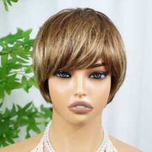 AMECIRE Brown Wig Straight Hair Wig Mixed Color Wig Human Hair Wigs Pixie Cut Wig Women's Short Hair Wig With Bangs Family Costume Wig Elastic Mesh Cap Suitable For Everyday Wear - S4/27 - View 7