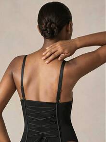 Veilyse Best-Selling Women's Shapewear With Back Tie, Built-In Bra, Bust Support And Abdomen Shaping, One-Piece Bodysuit For Summer - Black - View 3