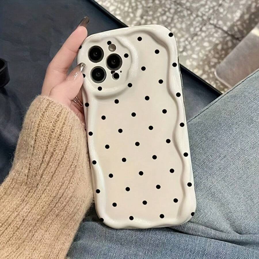 Black Dot Pattern 3D Wave Phone Case, Multi-Function Shockproof Lightweight TPU Camera Cover - Antique White - View 1