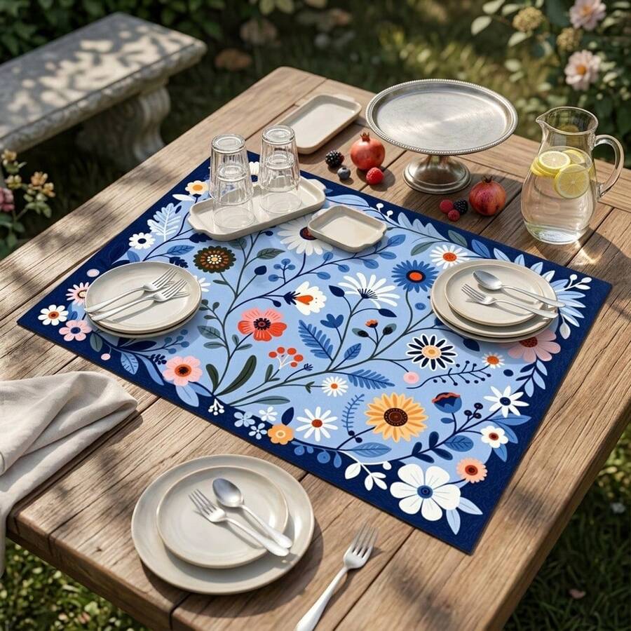 1pc Dish Drying Mat, Coffee Machine Mat, Blue Background With Colorful Floral Print, Absorbent & Draining Mat, Suitable For Dining Table, Cafe And Other Scenes, Quickly Absorbs Excess Water, Keeps Countertop Clean, Adds Fresh And Elegant Visual Effect To Space, Home Gift, Countertop, Dining Table Decor
