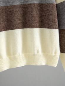 Autumn/Winter New Milk Coffee Grey Color-Block Horizontal Striped Knit Sweater, Casual Slouchy Basic Knit Top, Color-Block Large Stripes With Retro Vibe, Suitable For Skirts And Pants - Beige - View 6