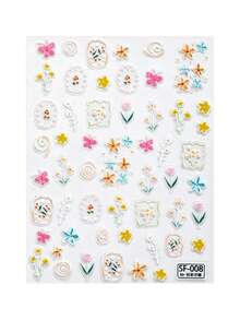 1pc Soft Pastel Floral Embossed Nail Stickers, Raised Hand Drawn Tiny Flower Wavy Frame Design Waterproof Self-Adhesive Nail Decal Stickers For Spring Vacation Nail Making - Colorful - View 4