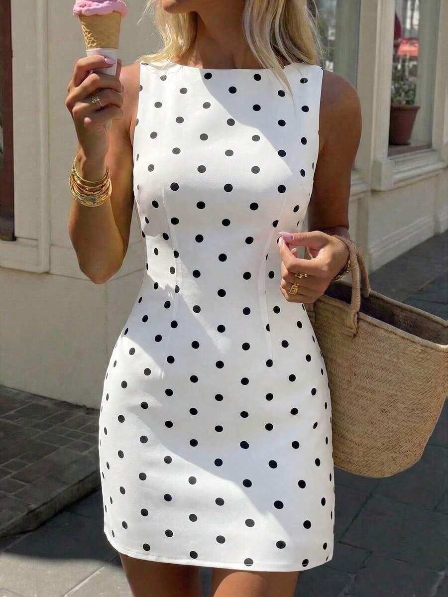 女士波点修身性感休闲半身裙,优雅波点夏季连衣裙,适合休闲度假、约会、日常外出和派对等场合。 - 黑與白 - 查看 1