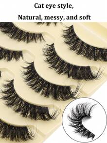 5 Pairs Cat Eye False Eyelashes, Fox Eye Eyelashes, Cartoon Style False Eyelashes, Fluffy Faux Mink Eyelashes, Soft Lightweight 3D Eyelashes, Natural Messy Strip Eyelashes, Extension Eyelashes, Cosplay Eyelashes, Daily Wear, Eyelashes, False Eyelashes - Black - View 2
