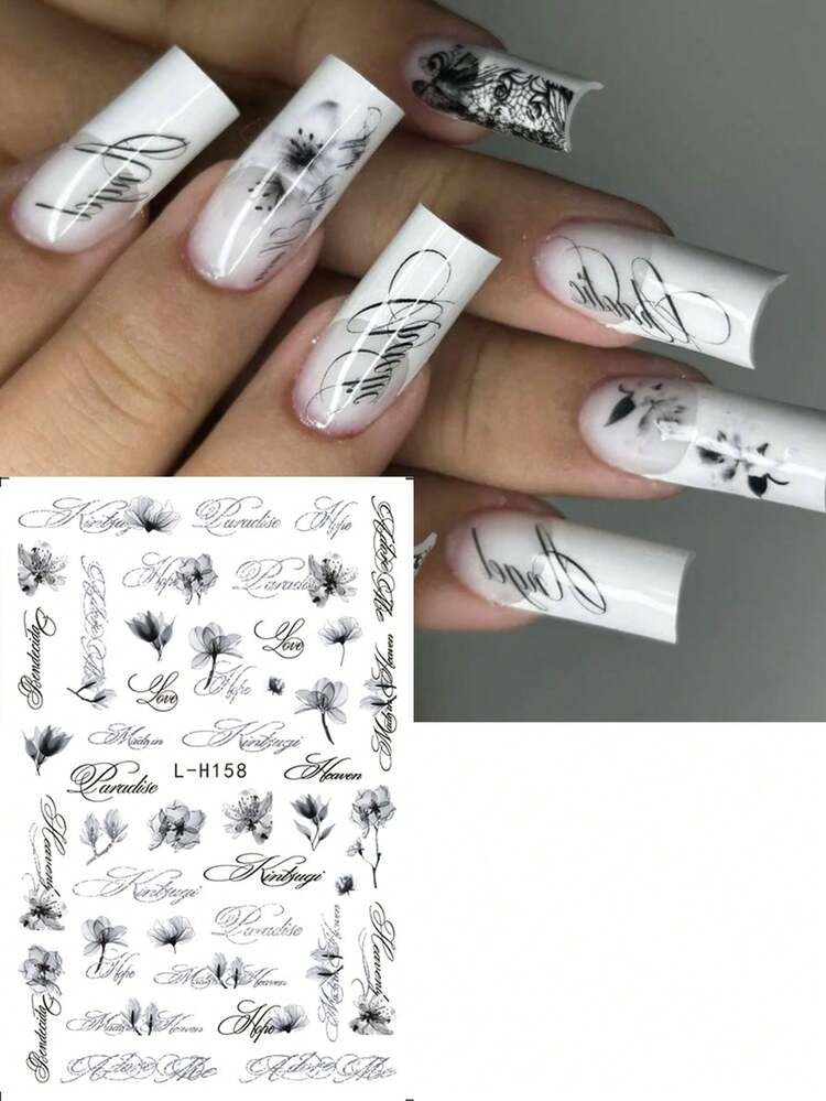 2件組 Y2K 英文字藝術字母美甲飾品箔片 迷人花朵黑色草寫字母美甲貼紙 復古手寫體字母美甲滑片 日式風格 DIY 美甲沙龍美甲配件 - 彩色 - 查看 3