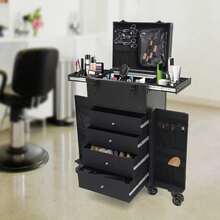 Rolling Makeup Train Case - Stylish Black Cosmetic Trolley With Adjustable Rods, Spacious Storage, And Detachable Wheels For Easy Travel And Organization - Black - View 7