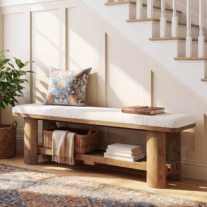 LITTLE TREE Entryway Bench With Storage, 62.9-Inch Wooden Upholstered Shoe Bench With Faux Lamb Wool Cushion And Shoe Rack For Living Room Hallway