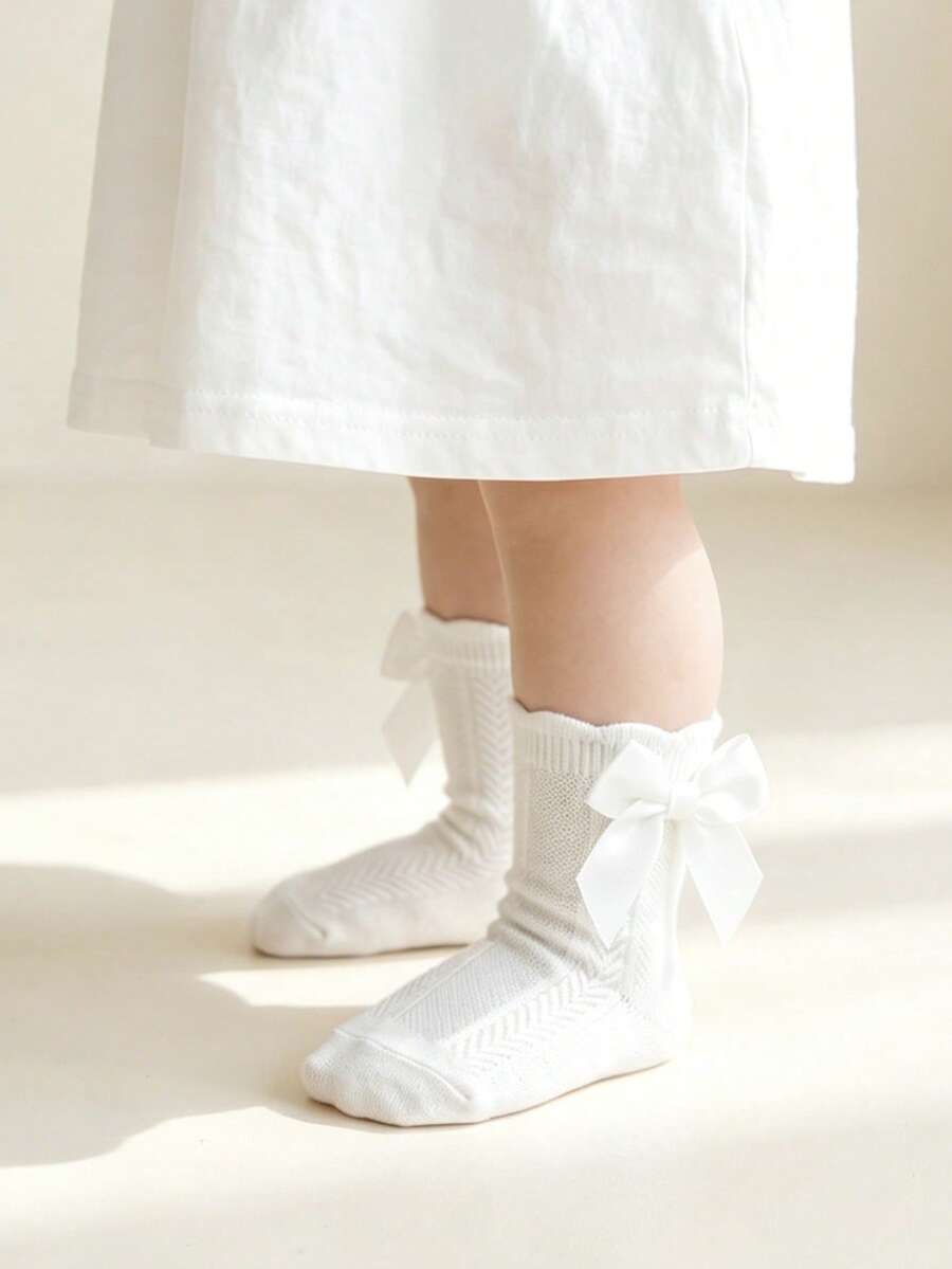 1雙女童幼兒網布蝴蝶結高筒襪,透氣不悶汗春夏嬰幼兒網布大蝴蝶結短筒襪,透氣可愛小公主1歲生日襪 - 白色 - 查看 1