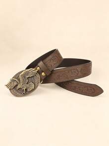 1pc Valentine's Day, Carnival, Father's Day, Teacher's Day, Christmas, Birthday Gift, New Western Style Eagle Buckle, Scroll Pattern Brown PU Belt - Multicolor - View 3