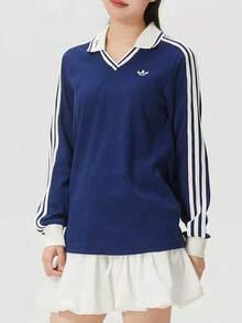 Adidas Clover Women's New Sporty Casual Long-Sleeved Polo Shirt - Blue and White - View 7