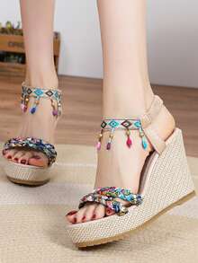 Shiny Rhinestone Bow Silver Elegant Pointed Toe Slimming Women's High Heel Slip-On Slouchy Chunky Heel Pumps - Beige - View 5