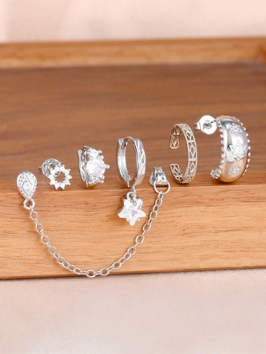 6PCS Geometry Round Hoop Earrings Sets For Women Retro Zirconia Star Dangle Ear Stud Unique Romantic Jewelry Gifts - 6PCS-silver - View 1