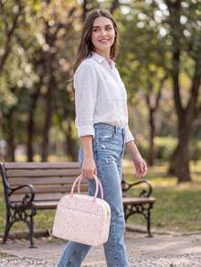 Floral Quilted Insulated Lunch Bag - Leak-Proof Reusable Thermal Cooler Tote, Large Capacity, Cute Coquette Style For Work, School, Picnic & Travel - 粉紅玫瑰 - 查看 7