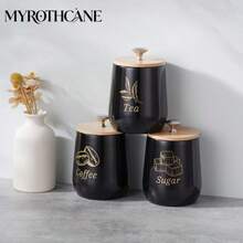 Myrothcane 3Pcs Black Ceramic Coffee Sugar Tea Canister Set, Airtight Bamboo Lid Storage Jars With Gold Letter Print, Kitchen Countertop Food Containers For Coffee Beans Tea Leaves Sugar Cubes, Modern Farmhouse Kitchen Decor Organizer - Black - View 3