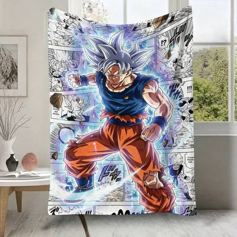 White Comic Panel Background Ultra Instinct Son Goku Flannel Blanket Dragon Ball Anime Character Plush Throw Blanket For Couch Bedroom Travel - Colour 1 - View 1