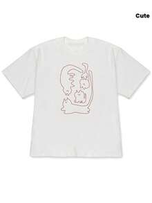 2026New Spring/Summer Off-Shoulder Short Sleeve T Shirt,It Depicts A Simple And Cute Combination Of Multiple Cats In The Form Of Red Single-Line Art. - 白色 - 查看 2
