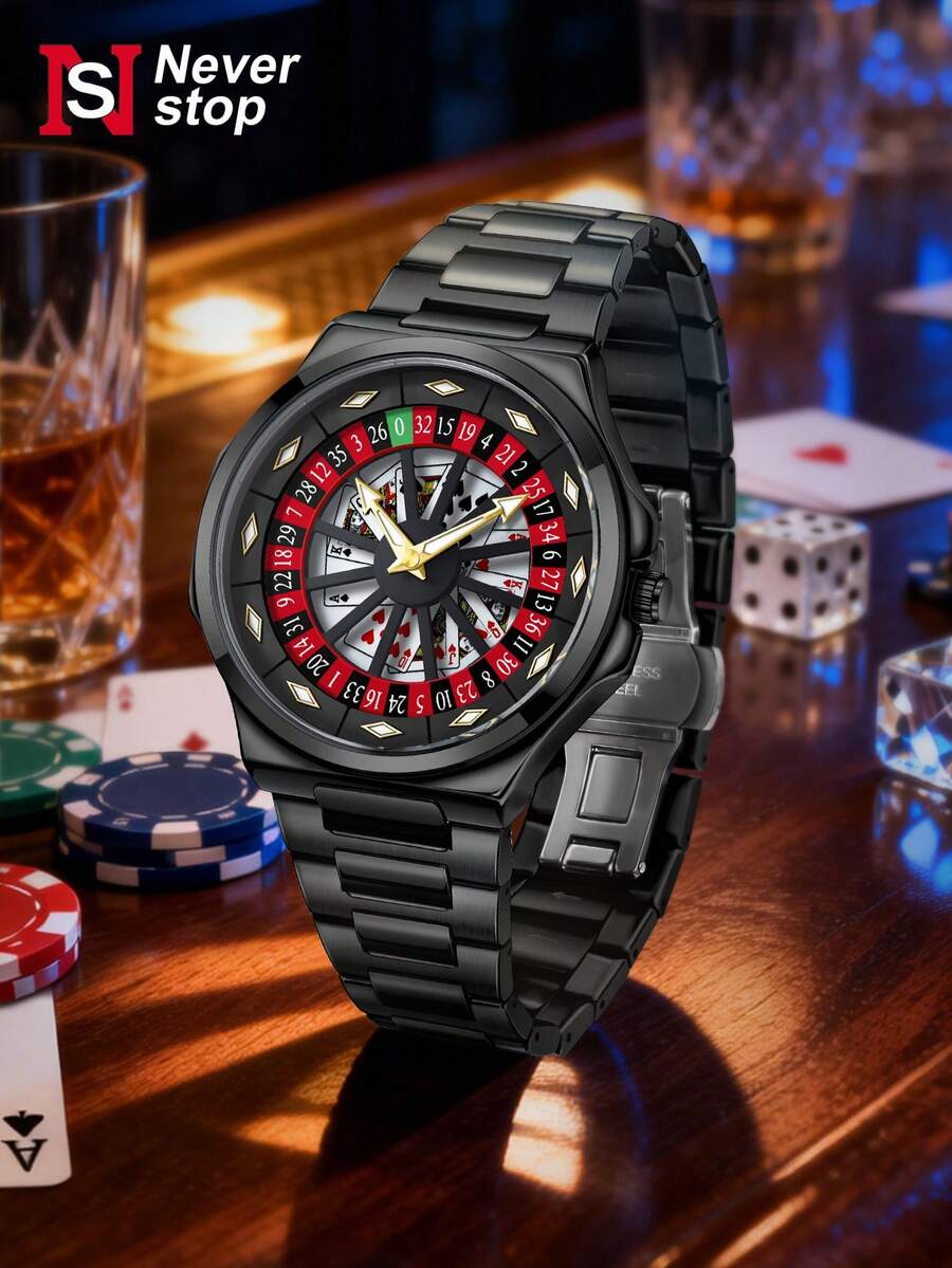 NSNEVER STOP NS New Style 1pc Men's Creative Roulette Poker Dial Quartz Watch, All Black Steel Band, Personalized Cool Men's Wristwatch, Quartz Non-Mechanical Pointer Watch, Holiday Gift, Birthday Gift, Gift For Lover, Gift For Father, Back To School, Valentine's Day - Red - View 1