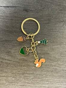 [1pc]Mori Style Squirrel Oil Drop Keychain, Acorn Pine Tree Heart Multi-Charm Bag Pendant, Gold-Plated Mori Style Women's Key Ring, Forest Animal Oil Drop Keychain, Squirrel Acorn Pine Tree Charm Keychain, Fresh Natural Style Bag Pendant, Daily Matching Holiday Gift Accessory - Green + Brown - View 7