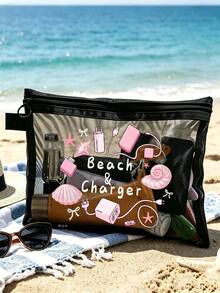 網格拉鍊收納包，印有「Beach Charger」字母圖案，多功能便攜收納包，數位收納包，化妝包，保養品收納包，旅行盥洗包必需品，宿舍用品，婚禮新娘禮物，母親節禮物，生日禮物，朋友與老師禮物，浴室收納，珠寶收納，口紅化妝收納包，度假旅行必需品，教師節禮物，戶外露營必需品，開學禮物 - 彩色 - 查看 7