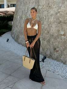 Women's Black Hollow Knit Long Summer Beach Skirt - Elegant Style For Parties, Resorts And Holidays - Black - View 5